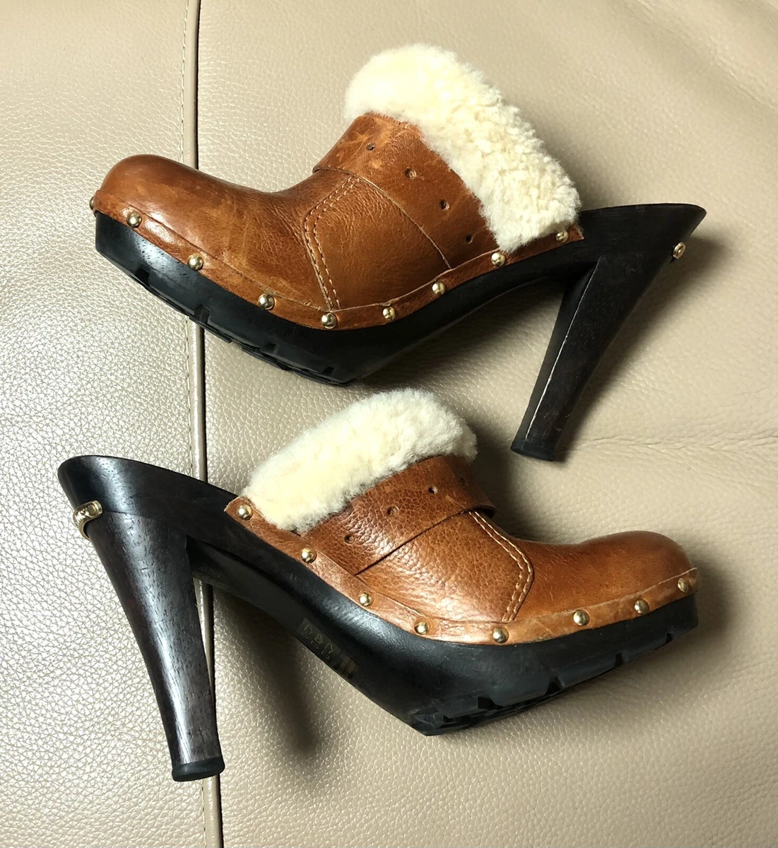 Michael Kors Heels Clogs Size UK 6.5 Cognac Brown Leather
