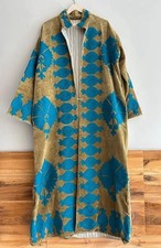 Boho Beige Velvet Duster Coat Embroidered Fish Floral Long Jacket Kaftan Kimono