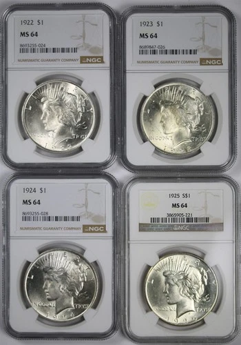 Lot 4 Peace Silver Dollar $1 Mix Dates NGC MS64 90% Silver 1922-1925