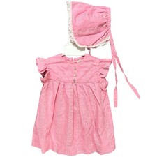 Vtg Baby Girl Jacquard Floral Dress Bonnet Set Sz 3-9m Cottage Fairy Lace Ruffle