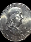 1948-D AU Franklin Silver Half Dollar 50C  Full Bell Line Lines  AU