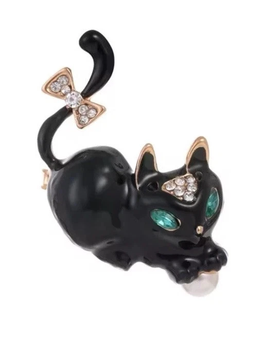 Broche prendedor Betsey Johnson tono dorado cristal estrás gato gatito negro nuevo con etiquetas Foto 3 de 4