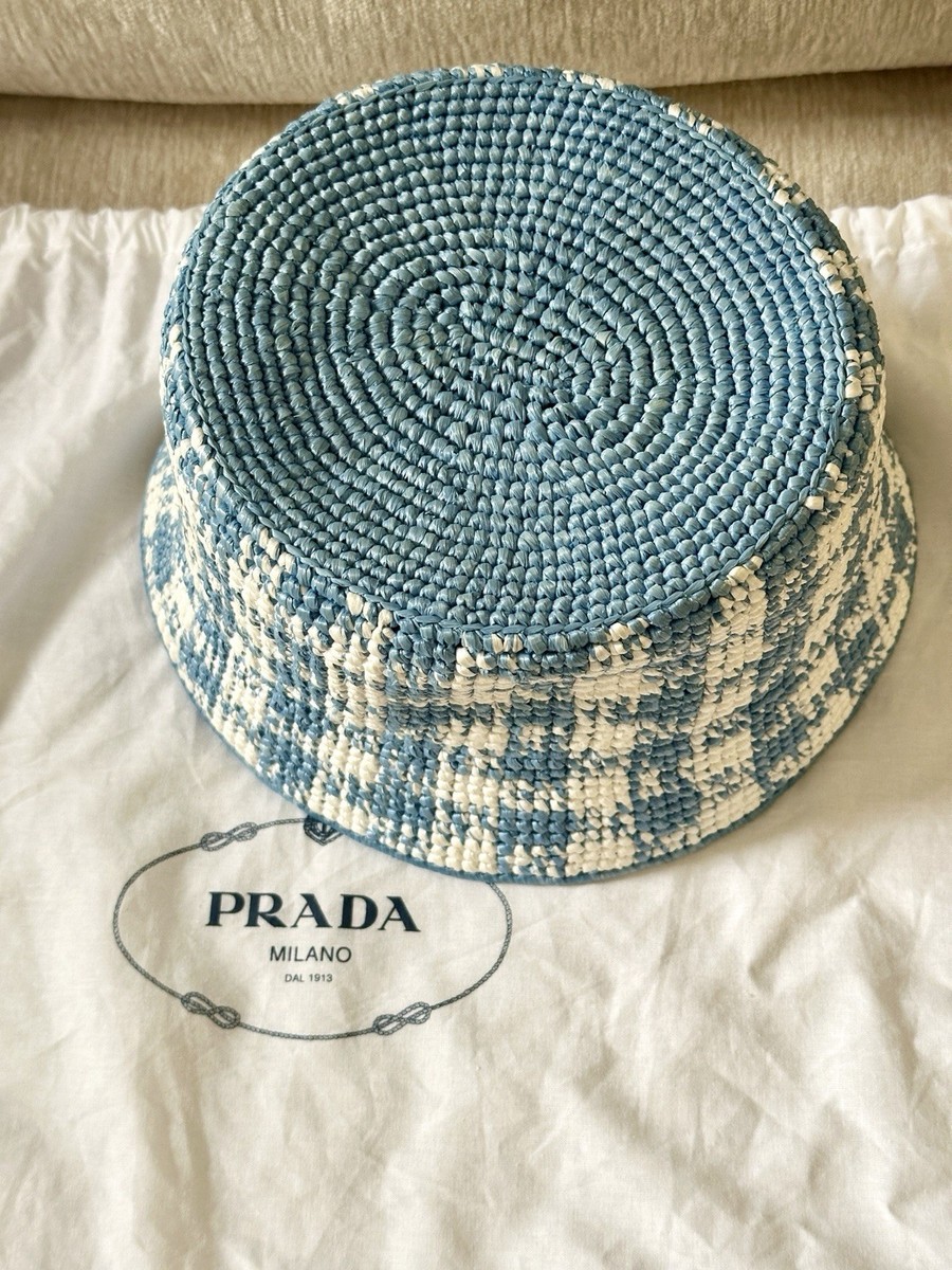 Authentic PRADA Crochet Bucket Hat – White/Light Blue (Size  display picture 2