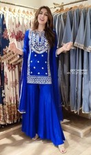 Attractive Look Faux Georgette Blue Top Palazzo With Dupatta For Party Wear