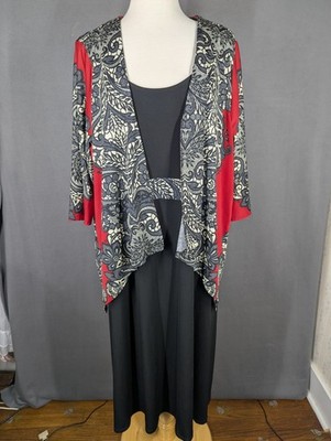 Catherines 2 Pc Maxi Dress Sleeveless & Open Jacket Slinky Size 1X Red Black