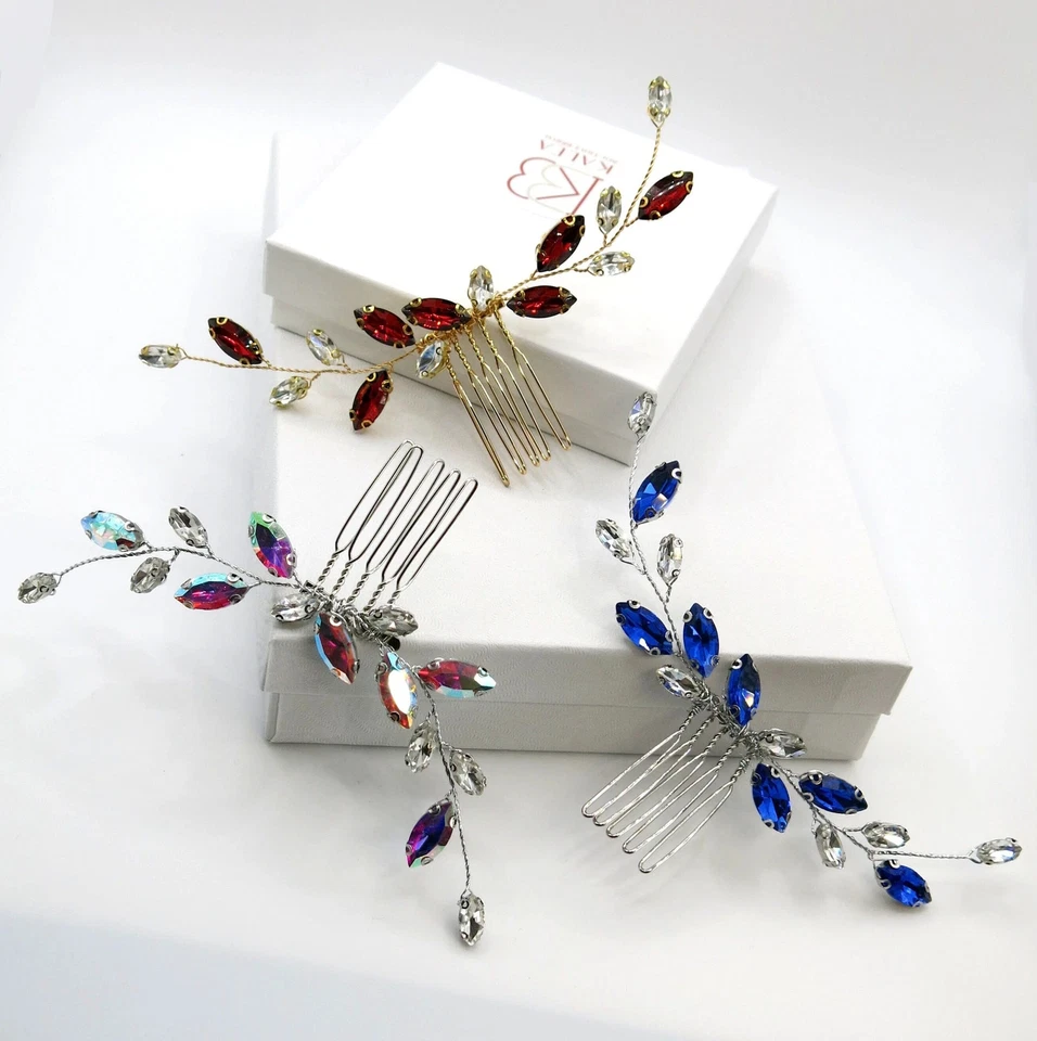 Elegant Simple Bridal Hair Comb in Blue, Wine Red or AB Rhinestone Crystals - Image 3 of 4