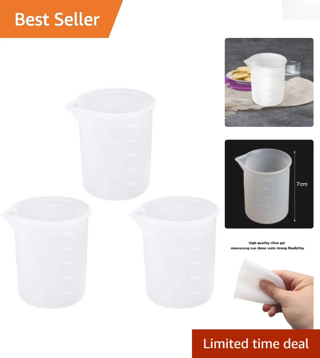 3 PCS Odorless Silicone Measuring Cups with Precise Scale - 100ml Capacity