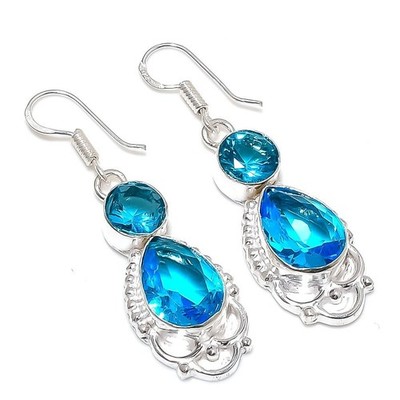 Swiss Blue Topaz Gemstone Handmade 925 Sterling Silver Jewelry Earring Size 2''