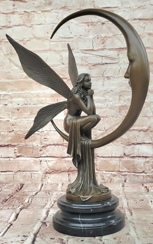 Bronze Fairy on Crescent Moon Sculpture by Mario Nick "Celestial Dream" Statue