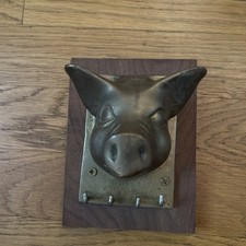 Vintage Brass Pig Hog Head Wall Apron Hook