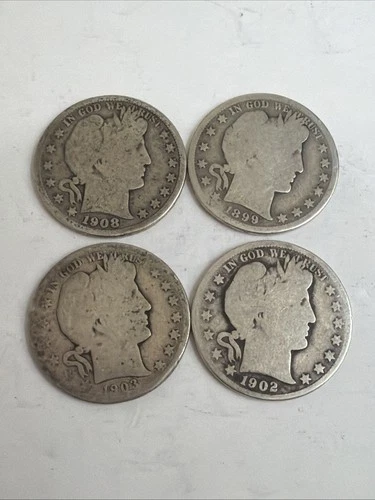 4 Coin Lot, Mixed Dates, Barber Half Dollars, 90% Circulated, Troy Oz 1.44 Lot 3
