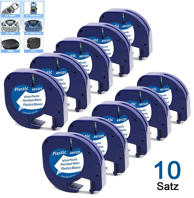 10x 91221 12mm weiß Plastic Schriftband für  DYMO LetraTag LT-100H 100T XR 200B