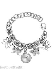Nuovo Guess Farfalla Ciondoli Color Argento Bracciale DA DONNA Orologio W11534L1