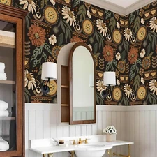 Jiffdiff Boho Peel & Stick Wallpaper Brown Big Sun Floral Wall Mural for Bedroom