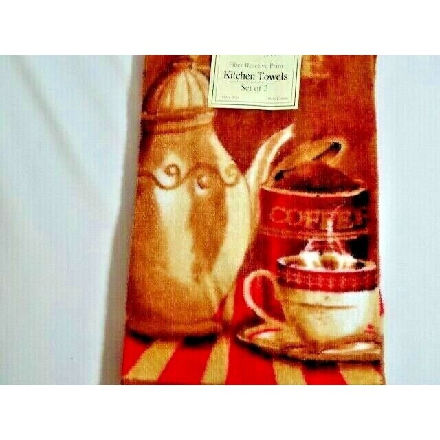 Coffee House Kitchen Towels Gold Pot Cup Saucer Tan Red Brown Set of 2
