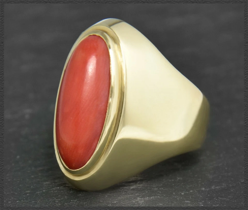 Damen Ring aus 585 Gold mit rotem Koralle Cabochon, Vintage Bandring - Bild 4 von 4
