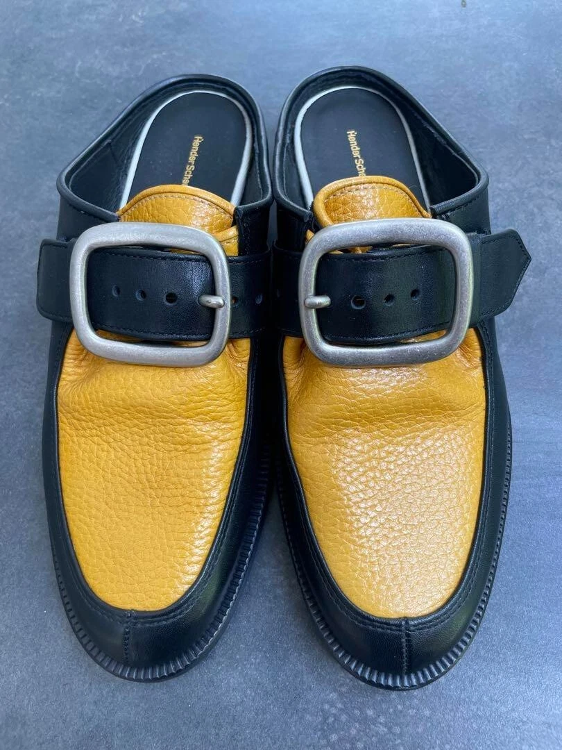Hender Scheme clasp mule shrink US7 24cm black yellow shoes leather women's