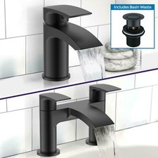 Bathroom Modern Waterfall Black Basin Sink Mono Square Mixer Tap Filler Waste