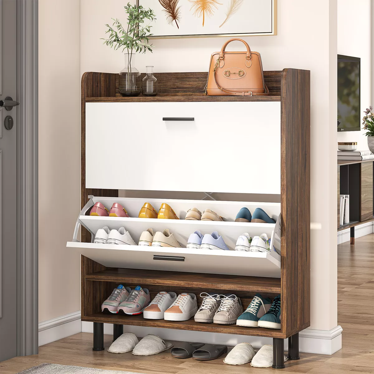 Rustic Shoe Cabinet with 2 Drawers, Narrow Shoe Storage Organizer for  Entryway