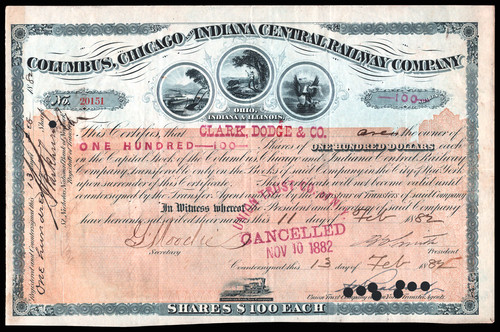 1882 Columbus Chicago and Indiana Central RWY (PCC&StL RR) Stock 100 Shares VG+