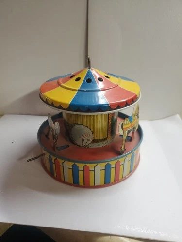 Antique Vtg Ohio Art Tin Litho Merry Go Round Carnival Toy~Music~Crank Operated