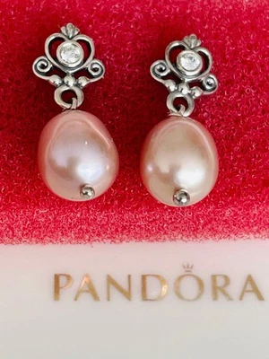 💜 Pandora Sterling Silver MY PRINCESS 👑 Pink Pearl Earrings 🎁 - Image 1 of 4