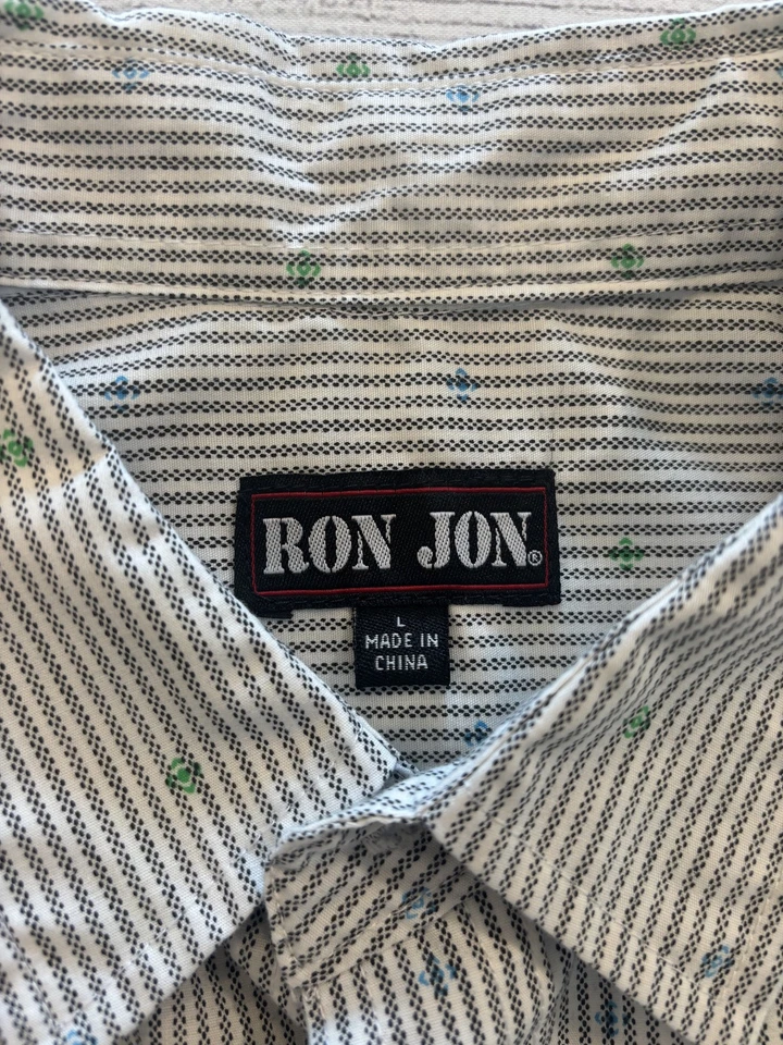 Ron Jon Shirt Mens Large Blue White Green Striped Short Sleeve Button Up Cotton - Image 3 of 4