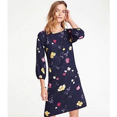 Ann Taylor Floral Shift Dress 8P 8 Petite Navy Blue 3/4 Balloon Sleeve Career