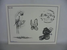 Vintage 1982 Kari Barba "Parrot, Butterfly, etc." tattoo flash. Great condition.