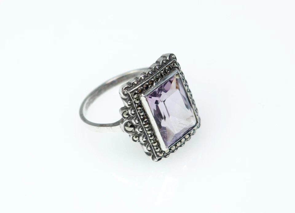 830 Argento - Antico Art Deco Anello - Naturale Ametista - Markasite - Immagine 4 di 4