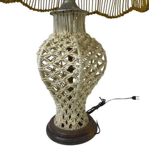 Vintage 1970s Unique Macramé Table LAMP Boho Mid Century Mod Wood Base - Picture 19 of 20