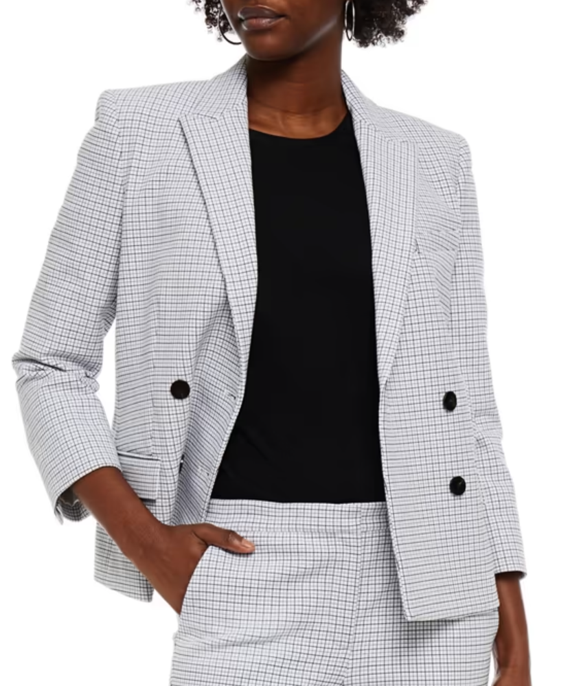 $475 NWT THEORY Sz4 SHRUNKEN DOUBLE-BREASTED STRETCH PLAID BLAZER