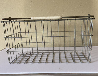 very unique vintage milk bottle carrier crate with white handle. large.17 x8 x9 