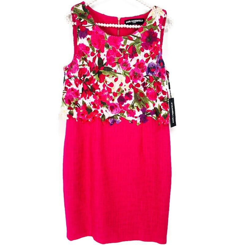 NWT Karl Lagerfeld Size 8 Fuchsia Pink Shift Dress Floral Overlay Bodice  Easter