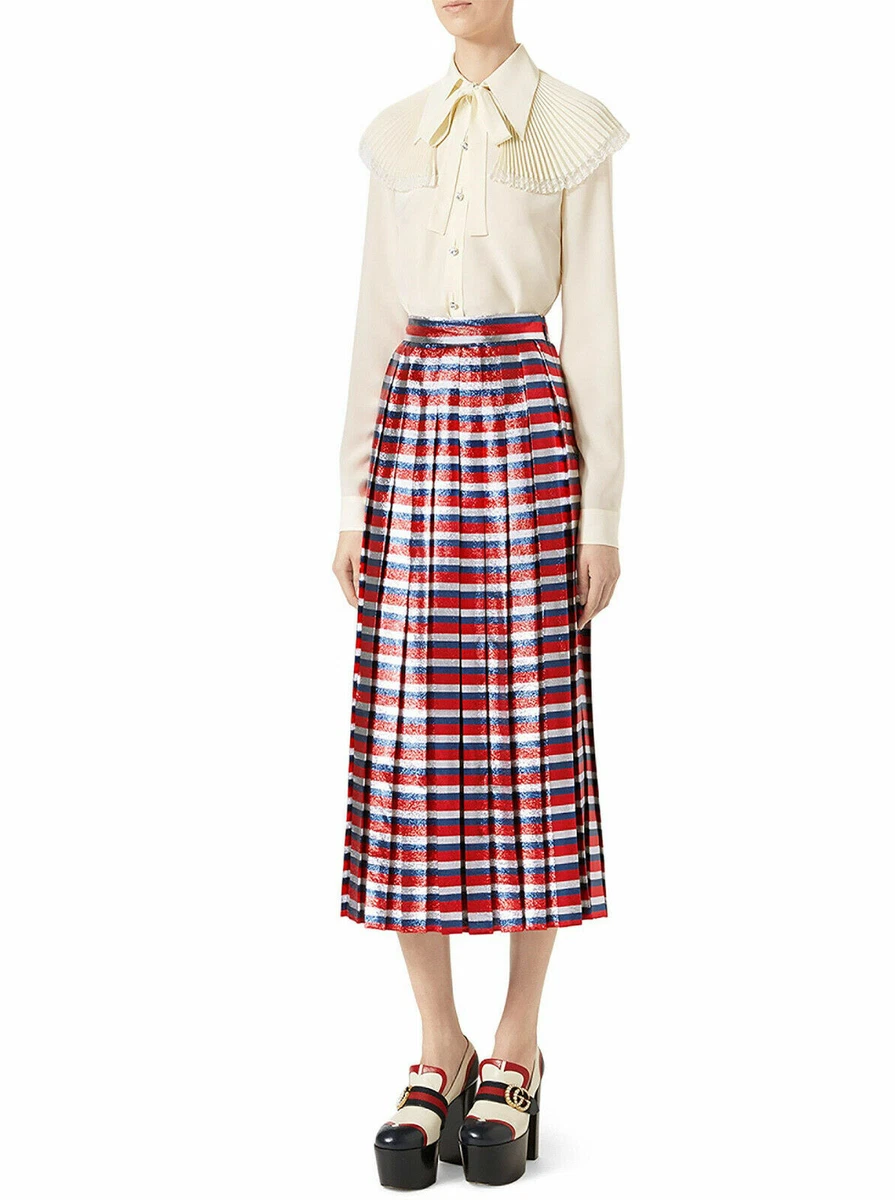 Gucci Pleated Metallic Striped Silk Blend Midi Skirt Size 36 0