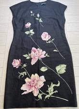 Ellen Tracy Linen Sheath Lined Knee Length Black Pink Rose Dress Sz 12 Career