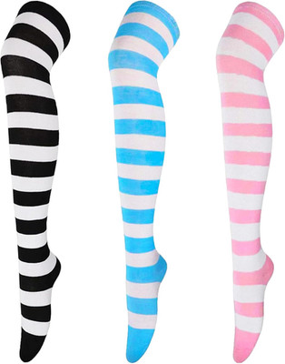 Womens Thigh High Socks Solid Striped Leg Warmers Socks Long Knee High Stockings