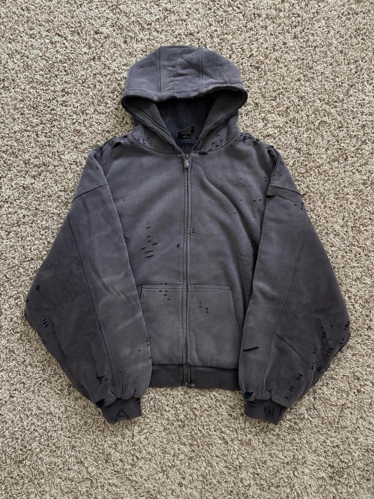 Ditch LA Dusk Purple Ruin Distressed Thermal Zip Up Hoodie (Size Large)