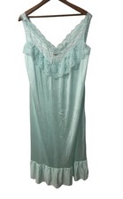 Vintage Joan Collins Nightgown Medium Mint Green Lace Trim Embroidered Roses