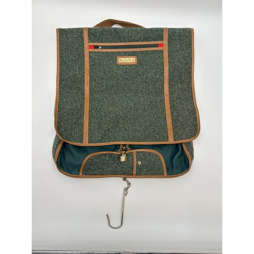 Oscar de la Renta Hanging Garment Bag Green Tweed Travel Suit Bag Vintage