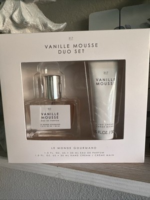 NIB Le Monde Gourmand Vanille Mousse Duo 1 oz Eau De Parfum Hand Cream Gift Set
