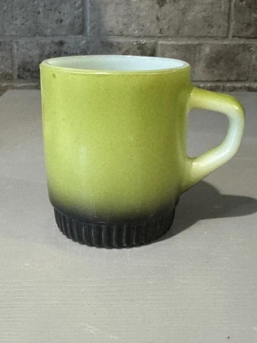 Vintage Anchor Hocking Fire King Green Black Coffee Cup Mug Ribbed Stackable