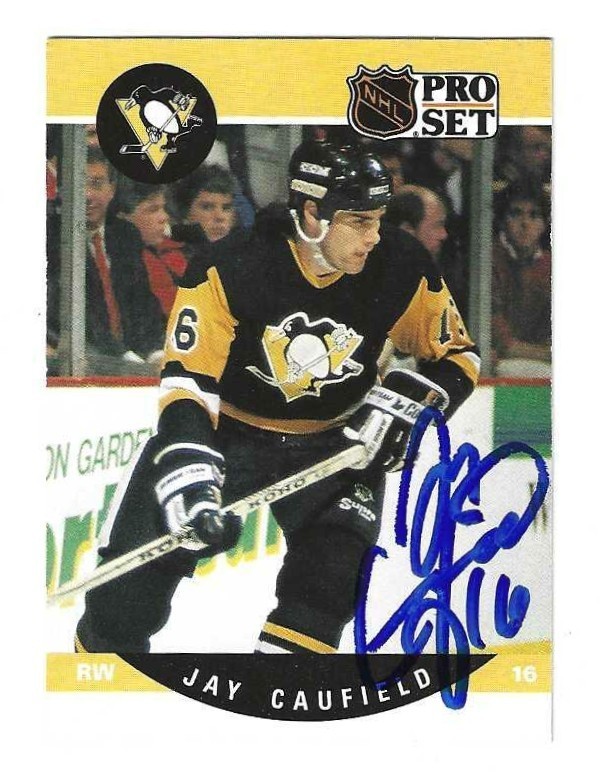 Signed JAY CAUFIELD Pittsburgh Penguins 1990-91 Pro Set Card #504 w/Show Ticket