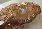 LE Smith CARNIVAL GLASS Ruffled, Scalloped BOWL , Rose/pink/peach 8 In Across