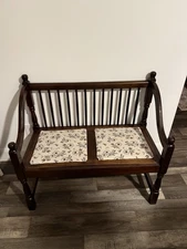 Vintage Slat Spindle Back Mahogany Wood Settee Sofa Upholstered Love Seat Bench