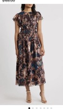 Eliza J. Women's Blue Metallic Floral Flutter Sleeve Midi Dress Size 2