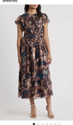 Eliza J. Women's Blue Metallic Floral Flutter Sleeve Midi Dress Size 2