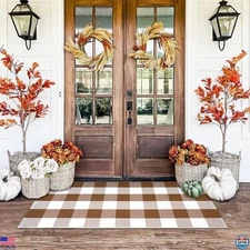 Buffalo Plaid Outdoor Rug 24" x 51", Coffee & White Checkered, Washable Cotton