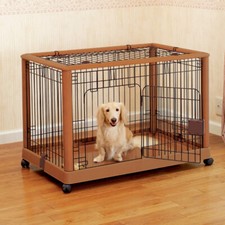 Decorative Hardwood Mobile Dog Pet Pen Crate with Rolling Wheels, Removable Top