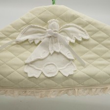Vtg 1980s Quilted Yellow Hanger Cover with White Angel Figure Ruffles Green Wire